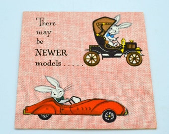 Vintage Birthday Card - Bunny Rabbits in Sports Car and Jalopy - Unused Ambassador