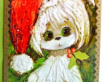 Vintage Christmas Card - Mod White Puppy Dog Wearing Santa Hat - Unused Hallmark