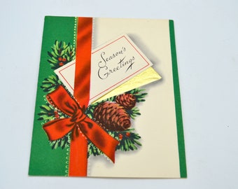 Vintage Christmas Card - Mid Century Wrapped Present - Used Seasons Greetings