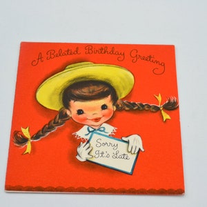 Vintage Birthday Card - Little Girl Wearing Braids and Hat - Used Belated - Mid Century Hallmark