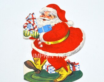 Vintage Christmas Card - Flocked Santa Carrying Presents - Unused Whitman