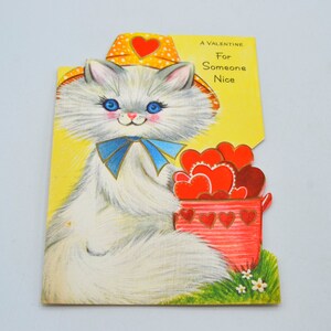 Vintage Valentine Card - Mod White Cat with Bucket of Hearts - Used Gibson