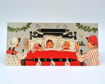 Vintage Christmas Card - From Five of Us Family in Bed Christmas Eve - Unused Mid Century