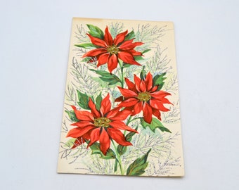 Vintage Christmas Card - Mid Century Glitter Poinsettias - Used