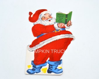 Vintage Christmas Card - Flocked Santa Reading List Book - Unused Whitman