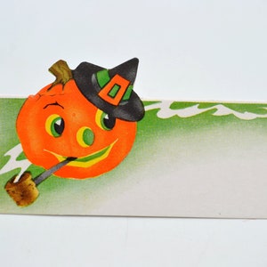 Vintage Halloween Place Card - Witch Hat JOL Pumpkin With Pipe - Unused Die Cut