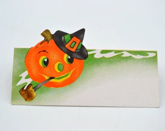 Vintage Halloween Place Card - Witch Hat JOL Pumpkin With Pipe - Unused Die Cut