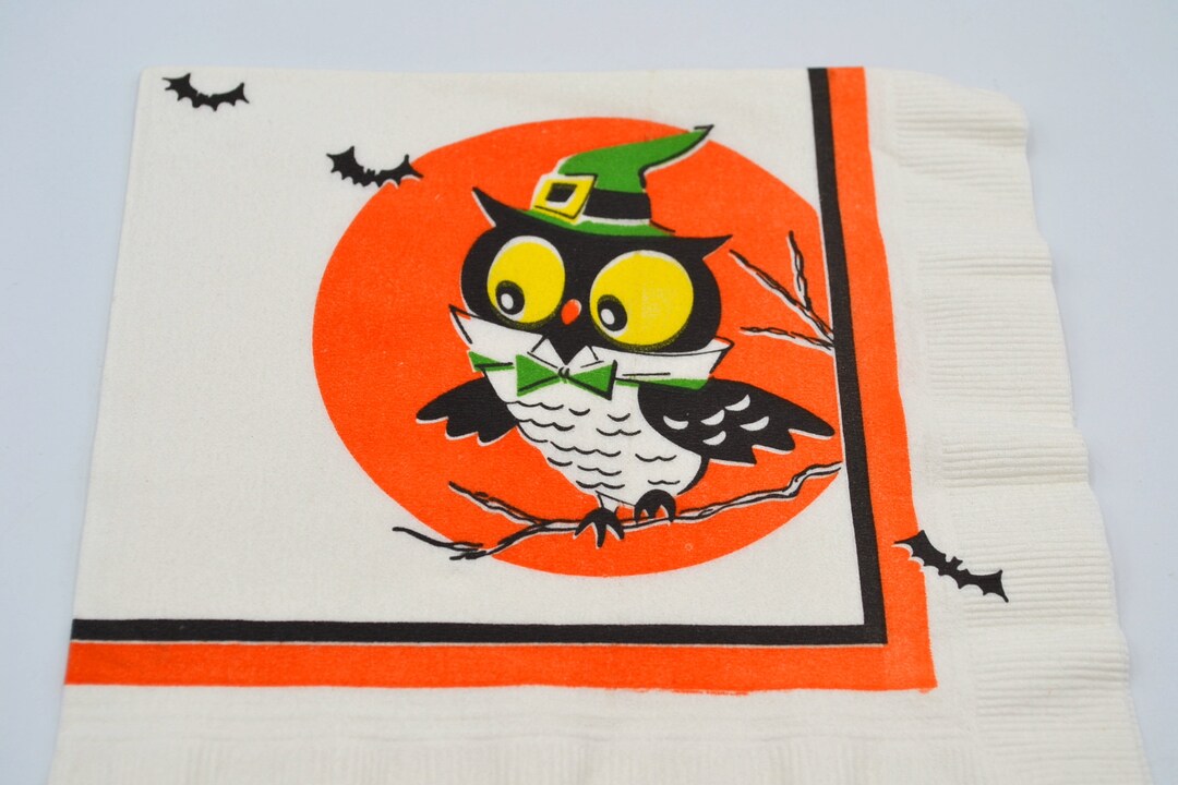 Vintage Halloween Paper Napkin Witch Hat Black Owl Full Moon Luncheon Sized CA Reed Etsy