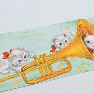 Vintage Christmas Card - White Kittens Playing with Trumpet Horn - Unused Aqua Gold Stars image 1