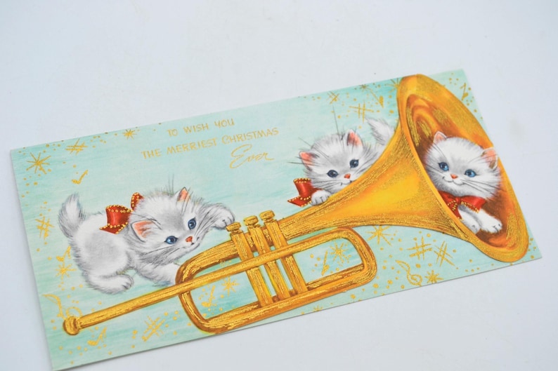 Vintage Christmas Card - White Kittens Playing with Trumpet Horn - Unused Aqua Gold Stars image 1
