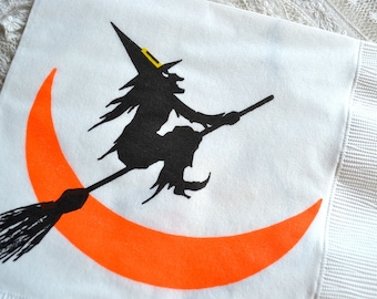 Vintage Halloween Paper Napkin - Flying Witch on Broom Crescent Moon - Hallmark