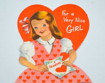 Vintage Valentine Card - Little Girl in Pink Heart Dress - Unused Norcross