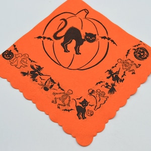 Vintage Halloween Paper Napkin - Black Cat on Jack O Lantern Pumpkin - Witch Ghost Skeleton Border - Small Size Crepe Paper