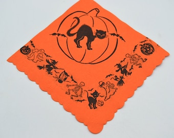 Vintage Halloween Paper Napkin - Black Cat on Jack O Lantern Pumpkin - Witch Ghost Skeleton Border - Small Size Crepe Paper