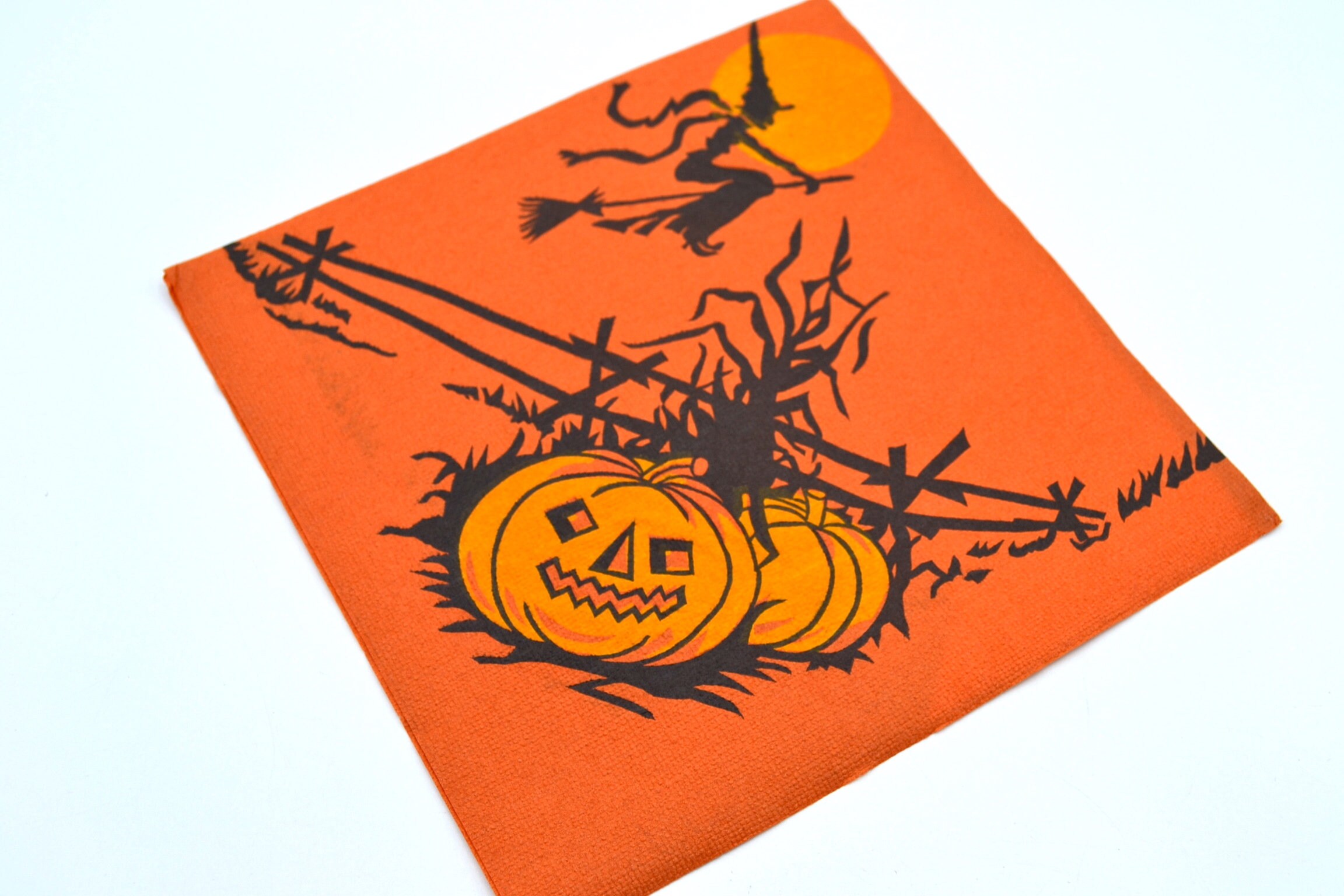 Vintage Halloween Paper Napkin Full Moon Witch Flying Over Etsy