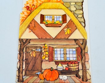 Vintage Thanksgiving Greeting Card - Decorated Autumn House Cottage - Unused Hallmark