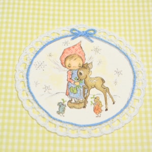 Vintage Christmas Card - Betsey Clark Angel Girl and Deer Fawn - Yellow Green Gingham Check - Unused Hallmark 1971