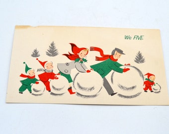 Vintage Christmas Card - Family of Five Rolling Snowballs - Used Norcross