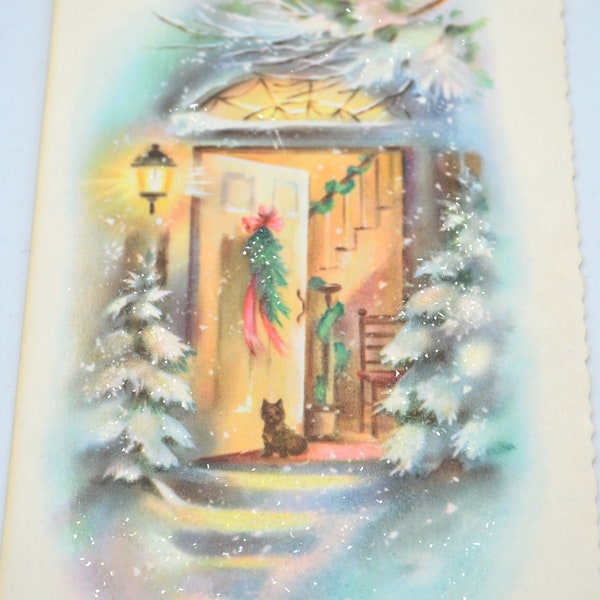 Vintage Christmas Card - Open Lit Front Door Scotty Dog - Unused Glitter and Aqua