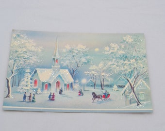 Vintage Christmas Card - People Walking to Pink and Blue Glitter Church Full Moon - Unused Quality Crest