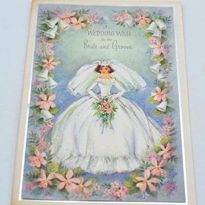 Vintage Wedding Card - Mid Century Bride Pink Flowers - Used American Greetings