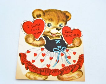 Vintage Valentine Card - Bear in Hearts Dress for Teacher - Used School Valentine