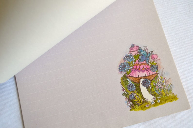 Vintage Writing Paper Stationery Mod Pink Mushroom Butterfly on Lavender 40 Sheets
