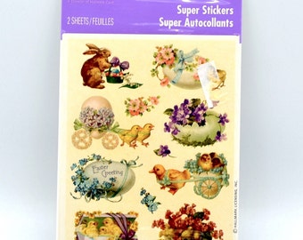 Vintage Stickers - Old Fashioned Glitter Easter Bunny Chicks Flowers - NOS Package of 2 Sheets