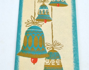 Vintage Christmas Card - Mid Century Turquoise Bells - Used