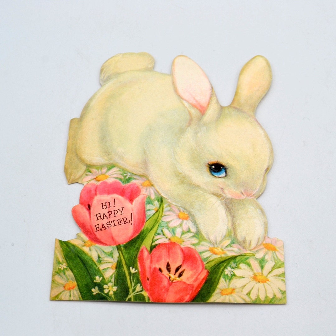 Vintage Easter Card - Hopping White Flocked Bunny Rabbit - Used ...