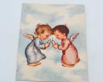 Vintage Christmas Note Card - Baby Angels Lighting Candles in the Clouds - Unused Marjorie Cooper Hasti Notes