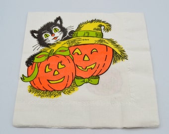 Vintage Halloween Paper Napkin - Black Cat with Scarecrow JOL Pumpkins - Luncheon Sized CA Reed