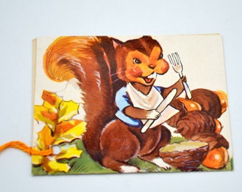 Vintage Tally Card - Autumn Squirrel Eating Acorn Nuts - Unused 1950s