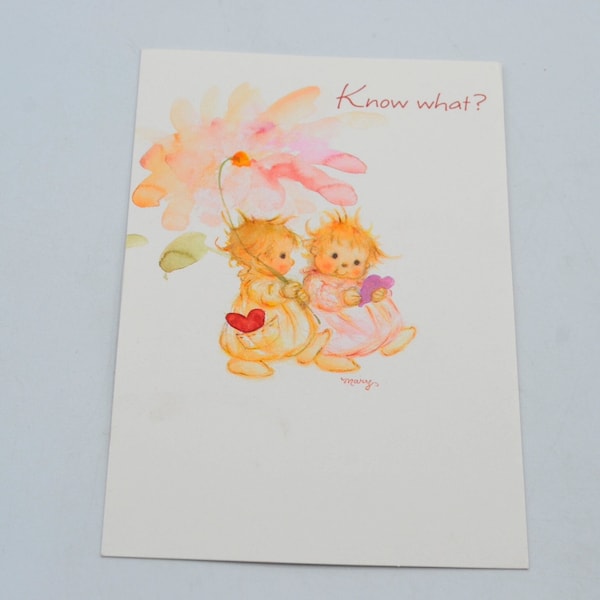 Vintage Mary Hamilton Valentine Card - Little Sprites Taking Walk with Flower Umbrella - Unused Hallmark