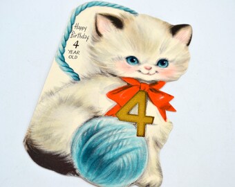 Vintage Birthday Card - 4 Year Old White Kitten with Yarn Ball - Used Hallmark