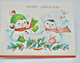 Vintage Christmas Card - Flocked Boy and Girl Snowman - Unused Merry Christmas