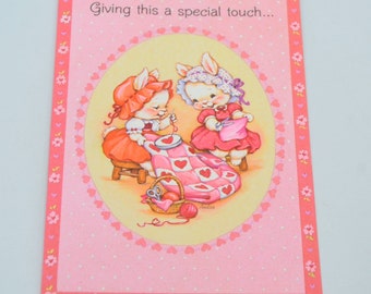 Vintage Valentine Card - Bunny Rabbit Girls Sewing a Heart Quilt - Unused Hallmark