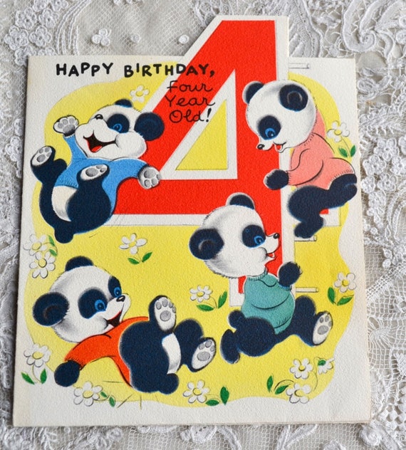 Vintage Birthday Card Four Year Old Panda Bears Used Etsy