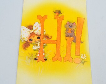 Vintage Greeting Card - Mod Big Eye Girl and Cat - Hi to One of My Favorite People - Unused Little Miss Sunbeams 1970's