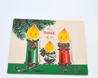 Vintage Norcross Christmas Card - Family of Three Anthropomorphic Candles - Unused