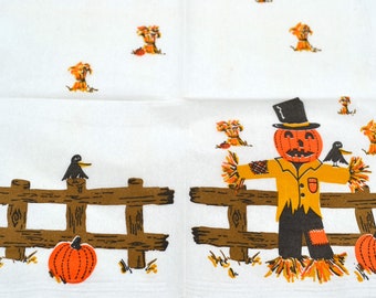 Vintage Halloween Paper Napkin - Scarecrow JOL Pumpkin Near Fence Cornfield