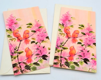 6 Vintage Stationery Note Cards - Orange Birds and Pink Blossoms - Sangamon