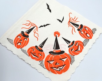 Vintage Halloween Paper Napkin - Jack O Lantern Pumpkins Wearing Party Hats Bats