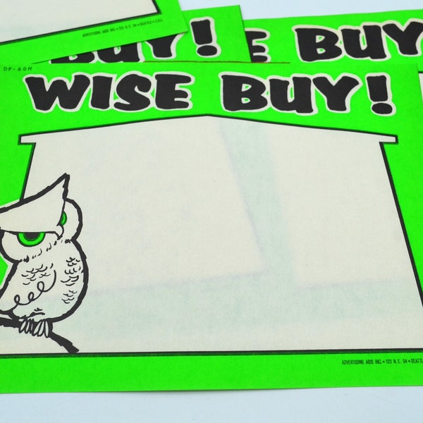 Vintage Store Advertising Sale Sign - Fluorescent Green Wise Buy Owl - Set of 4 Unused - Grocery Market Dead Stock