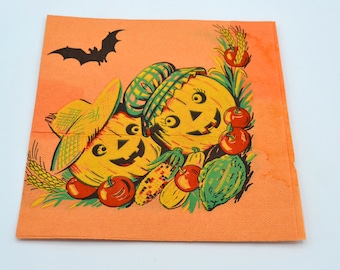 Vintage Halloween Paper Napkin - Farmer Jack O Lantern Pumpkins - Harvest Vegetables and Fruit