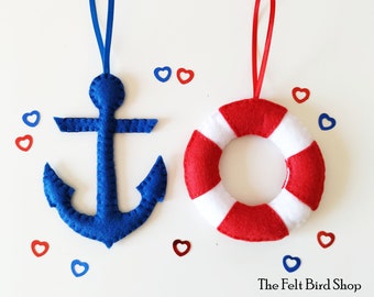 Sea felt ornaments - Felt Anchor - Felt Life buoy - Nautical nursery decor - Marine decors -  Naval felt decor - Maritime ornament