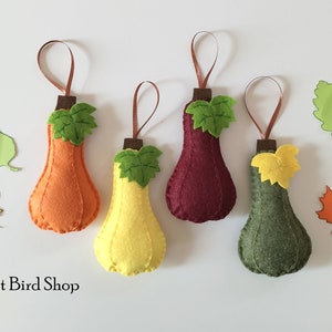 Puede incluir: Cuatro adornos de calabaza de fieltro en naranja, amarillo, burdeos y verde con tallos de fieltro marrón y hojas de fieltro verde. Las calabazas cuelgan de lazos de cinta marrón. El texto "The Felt Bird Shop" está en la parte inferior de la imagen.