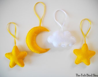 Felt moon and stars - Nursery decor - Felt moon ornament - Star room decor - Felt star mobile set - Moon and stars decor - Hanging set