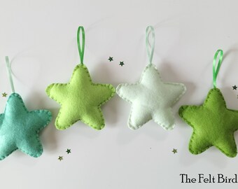 Green felt stars - Pastel nursery ornaments - Set of 4 - Felt stars - Baby mobile stars - Spring ornaments - Mother day gift