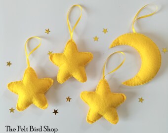 Luna y estrellas de fieltro - Decoraciones móviles - Estrellas de fieltro - Decoraciones de fieltro - Decoraciones infantiles - Set de 4 piezas